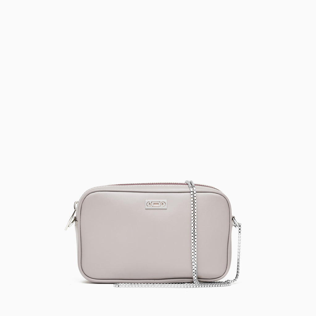 The Valentina Bag in Light Grey. Front view showing smooth Italian leather, Studio Tondini logo plate and jewellery-grade chain, all in palladium-plated hardware.