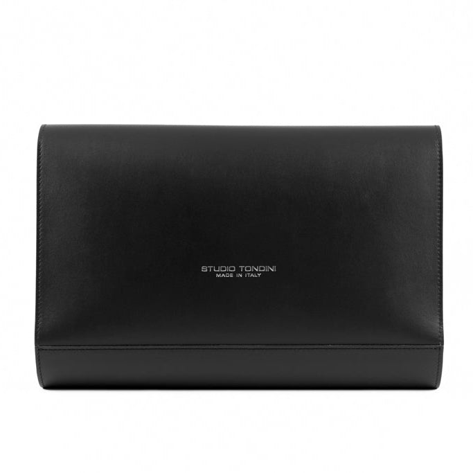 The Document Holder by Studio Tondini. Back view of black Italian leather bag with silver hot-foil “Studio Tondini Made in Italy” impression, elegantly minimal.